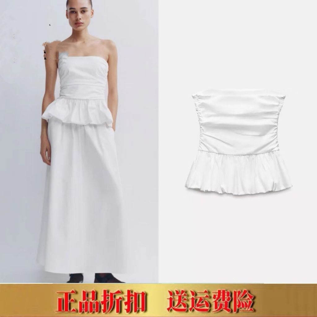 2025春季新款波浪边府绸直领修身衬衫露肩抹胸上衣女4764018