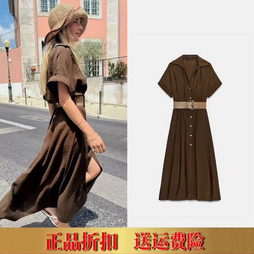 ZA家2026夏季新品休闲卷边短袖配腰带翻领迷笛连衣裙 5029164