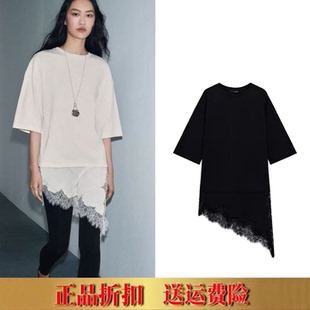 不对称下摆拼接蕾丝饰T恤 ZA家春季 棉纺圆领短袖 女装 4813858 新品