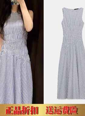 ZA家春夏新款甜美时尚弹力小格纹中长款无袖连衣裙女 3152308