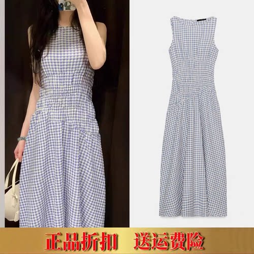 ZA家春夏新款甜美时尚弹力小格纹中长款无袖连衣裙女 3152308