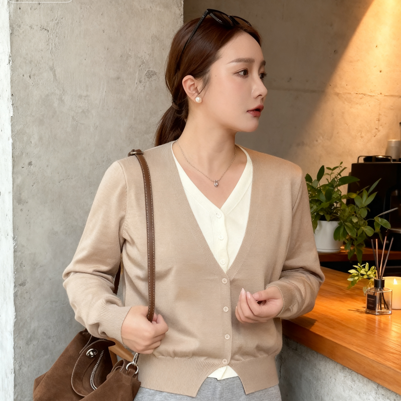 早秋V领假两件高级感针织开衫薄