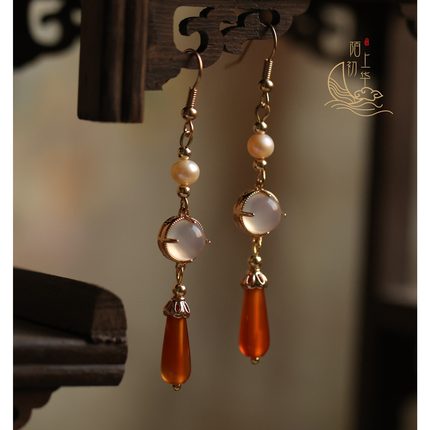 【花月】17年12月老款改版红玛瑙水滴珍珠耳环-230101【现货】