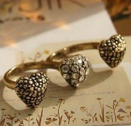 jz242欧美外贸饰品  独特风格 三颗心 镶钻开口双指戒