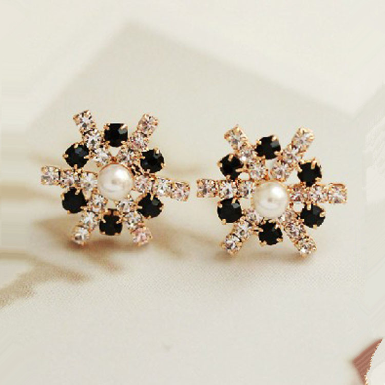 e0342黑白水晶钻石雪花耳环锆石