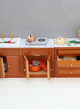 1:12娃娃屋dollhouse迷你家具棕黄色木质复古橱柜水槽抽屉柜子