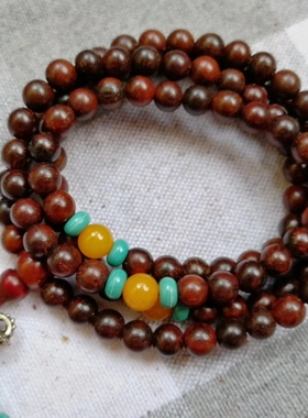 天然红酸枝木108颗佛珠手链绿松石蜜蜡款两款统一价6mm108颗清货