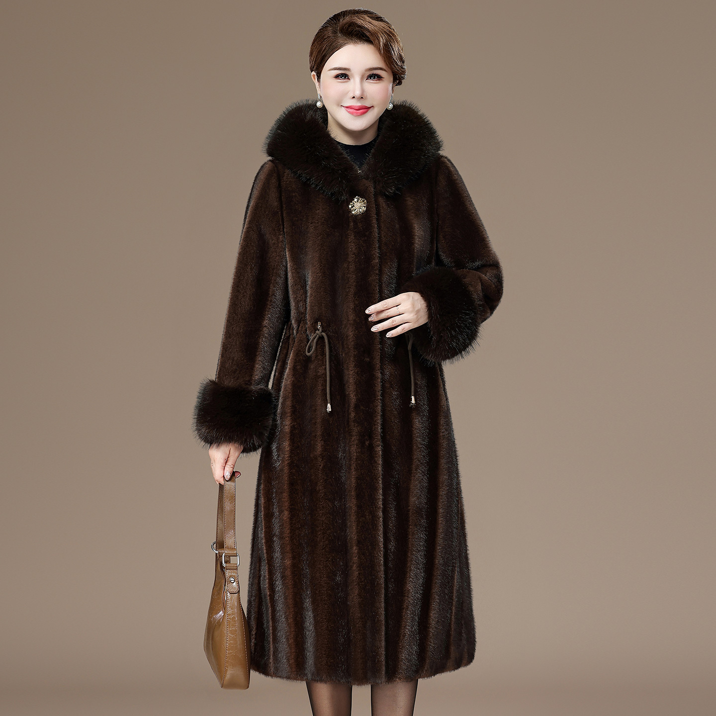 人造银兰貂绒毛领连帽大衣外套皮草气质富态妈妈装2025冬装新款