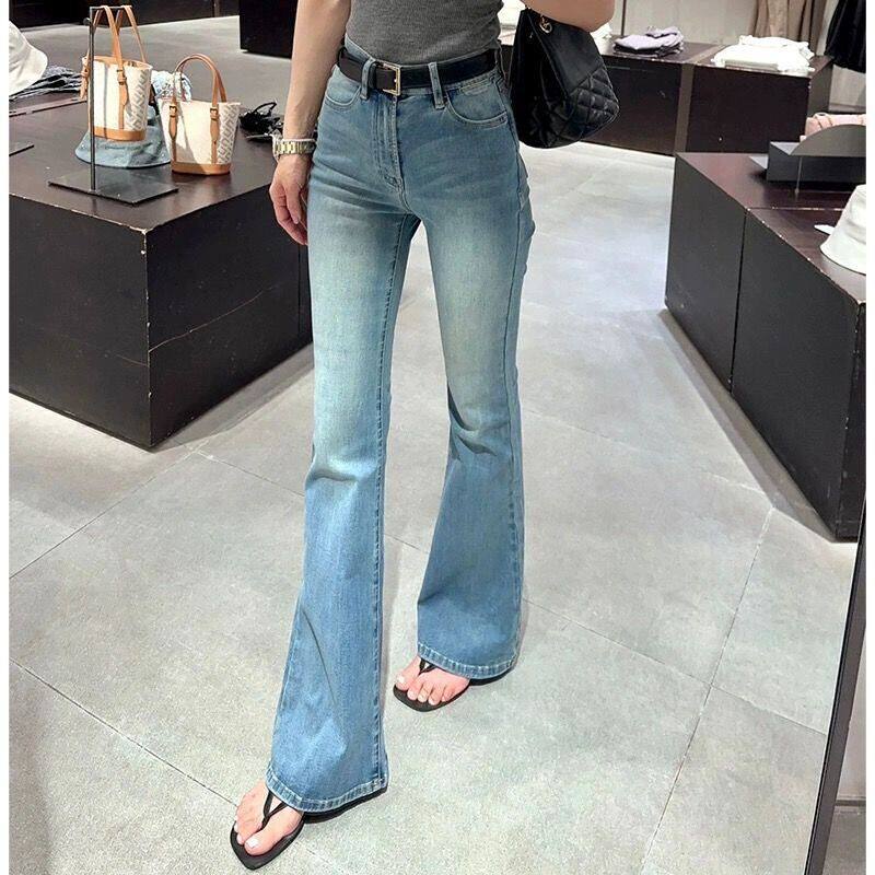 高腰微喇叭牛仔裤女年春季新款小个子修身显瘦新品拖地长裤子纽扣