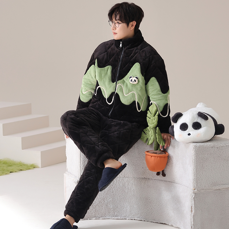 三昌男士睡衣三层夹棉保暖珊瑚绒女士加厚大码可外穿家居服套装