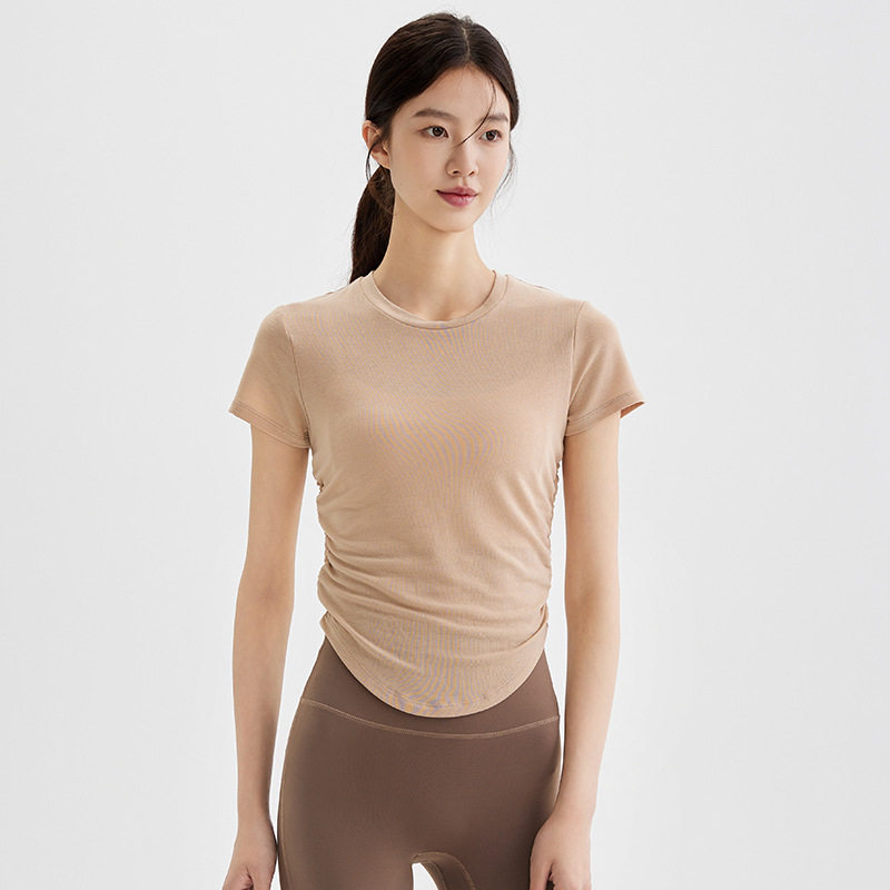 新款夏季瑜伽服女紧身修身褶皱短袖健身跑步透气短款运动健身服