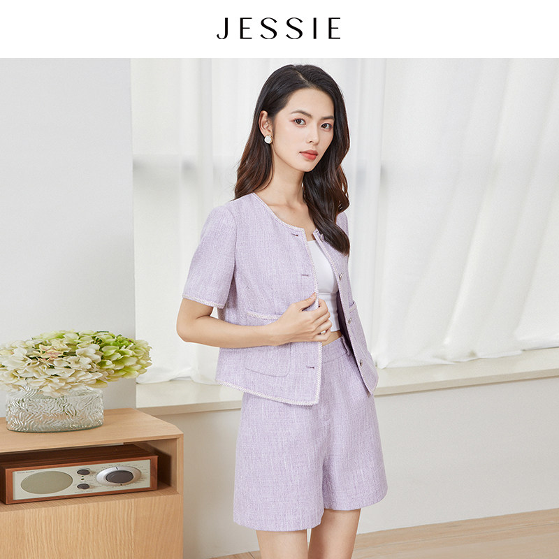 JESSIE小香风圆领贝壳纽扣显瘦短款短袖外套