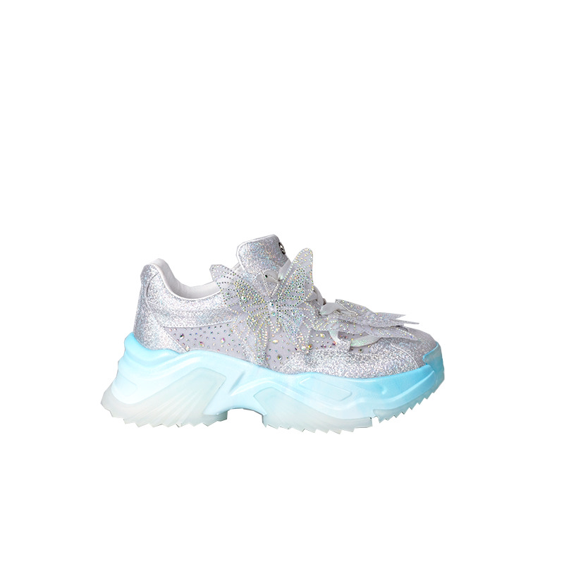 vme舞魅百搭蓝色休闲时尚蝴蝶结网面内增高系带运动老爹鞋女外穿