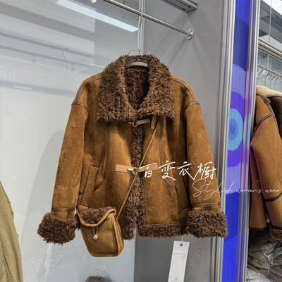 复古麂皮拼接羊羔毛外套短款加厚