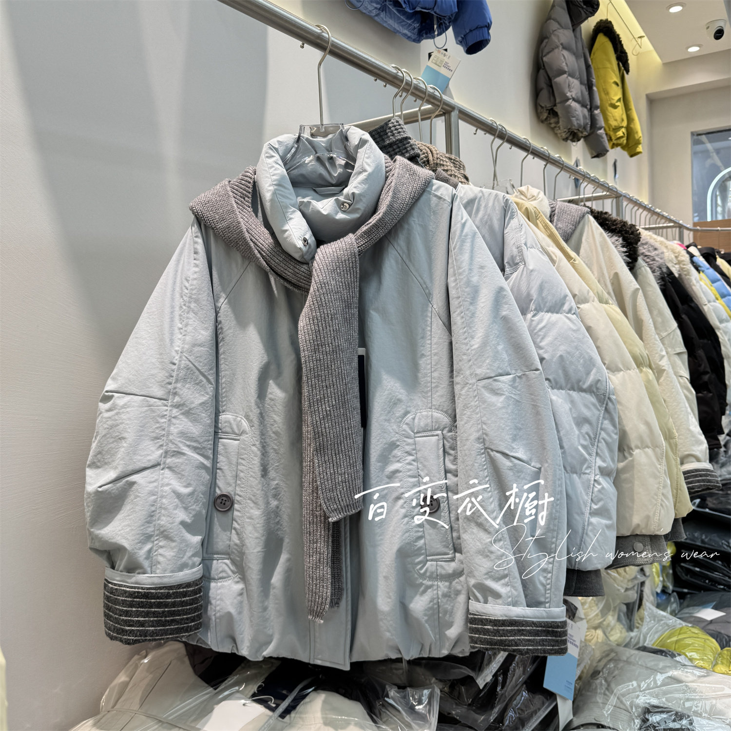 高级感针织连帽围巾中长外套棉服