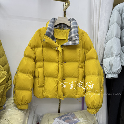 姜黄色短款格子撞色拼接棉服女潮