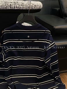 8081条纹长袖 T恤女宽松圆领慵懒风藏蓝色上衣廓形2025秋冬新款