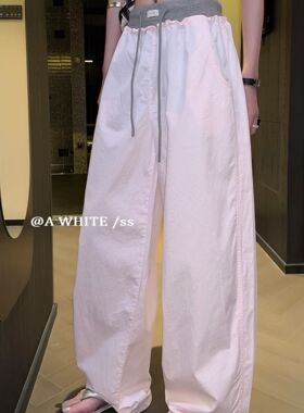K341撞色弯刀简约工装运动裤女夏季美式高腰宽松阔腿爵士风伞兵裤