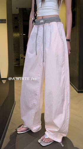 K341撞色弯刀简约工装运动裤女夏季美式高腰宽松阔腿爵士风伞兵裤