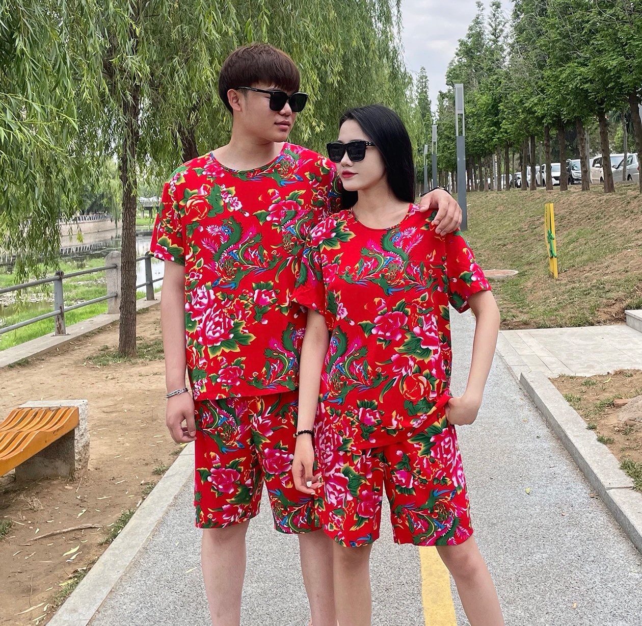 夏季人造棉男女情侣东北大花套装睡衣短袖棉绸家居服两件套外穿薄