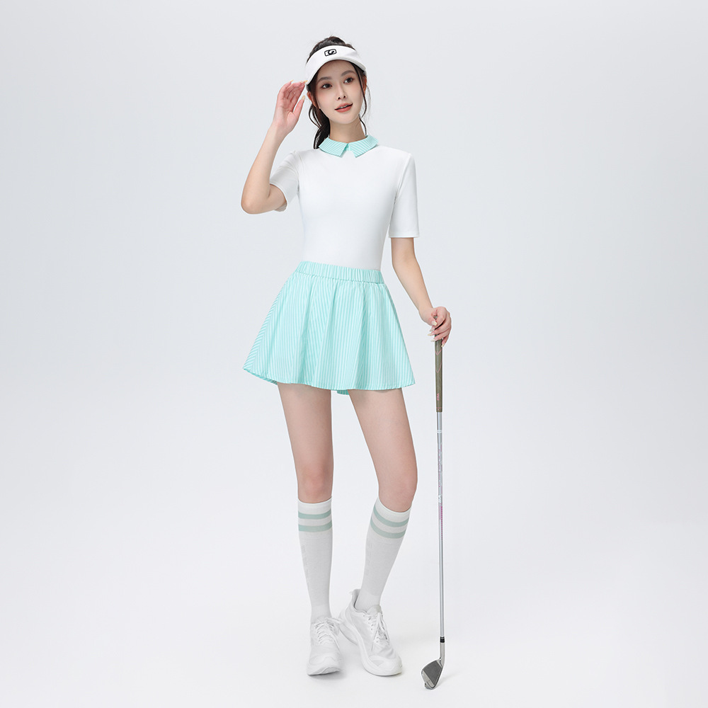 高尔夫女装夏季修身翻领POLO衫短袖上衣休闲短裙百褶裙子运动套装