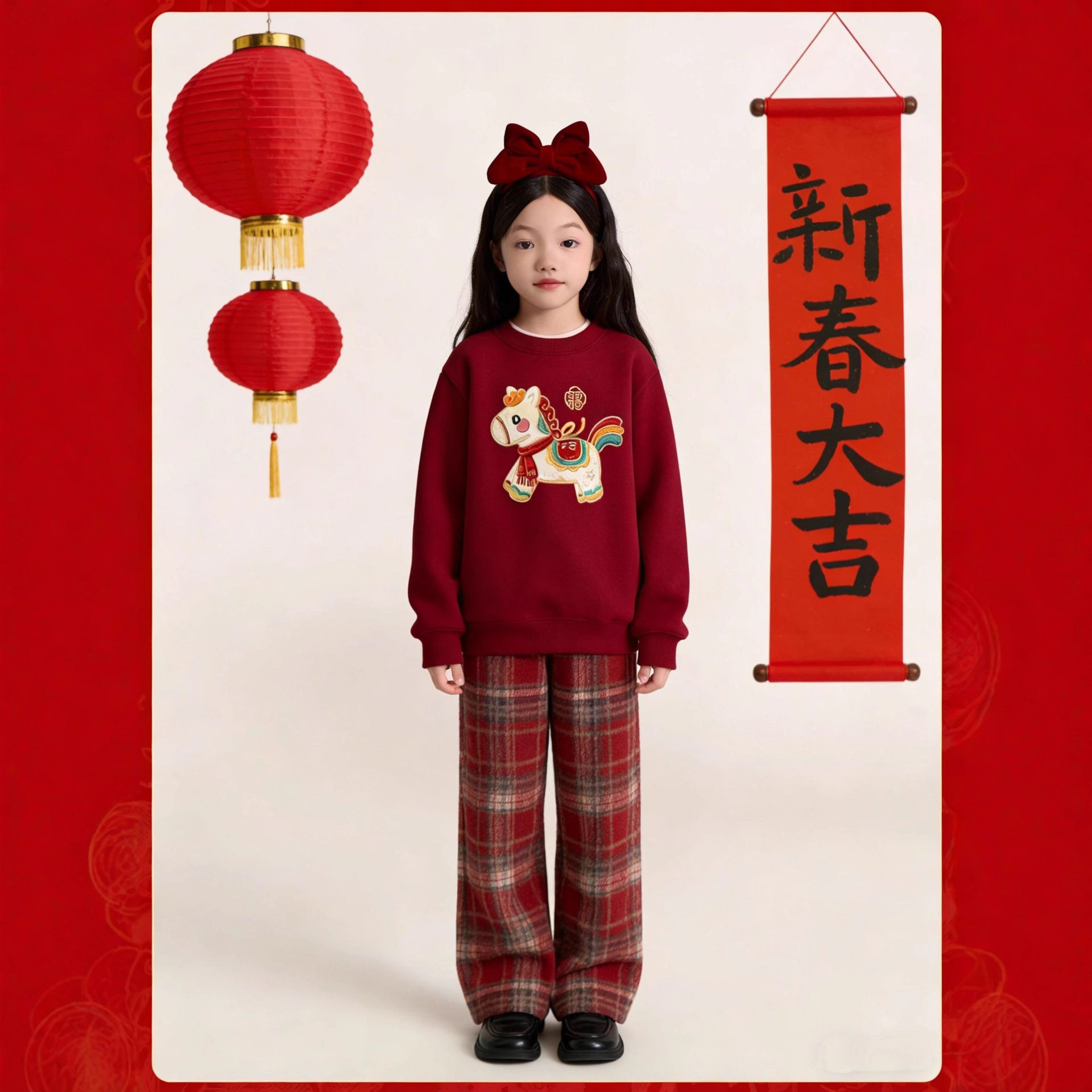 男女童卫衣2026马年红色套装喜庆中大童卫衣休闲裤加绒加厚秋冬款