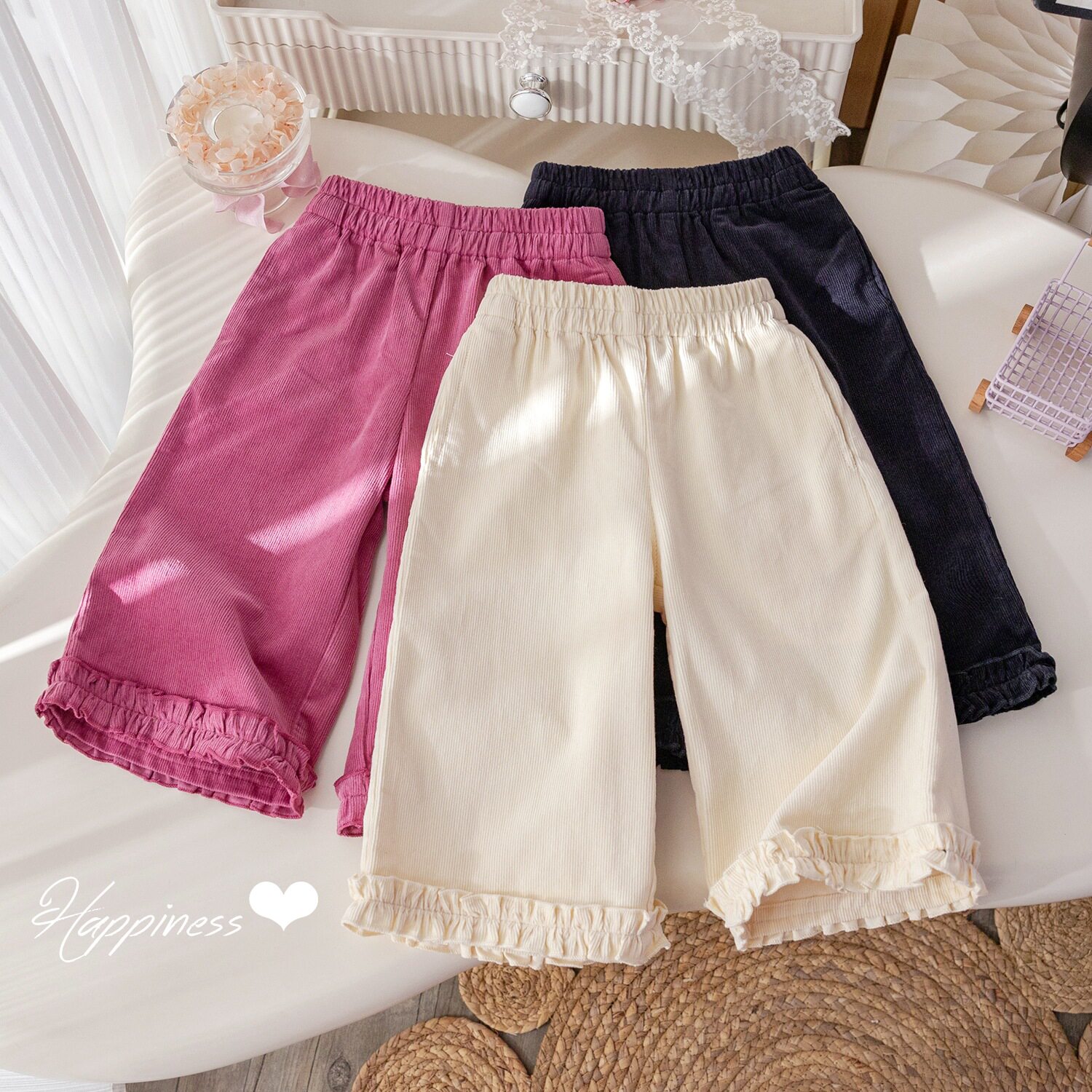 女童花边脚口休闲裤2025年春秋新款纯色百搭直筒裤宝宝洋气裤子