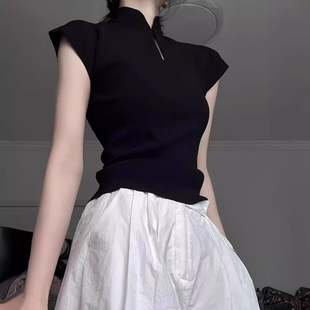 新中式轻国风盘扣短袖T恤女春修身内搭打底衫小飞袖正肩立领上衣