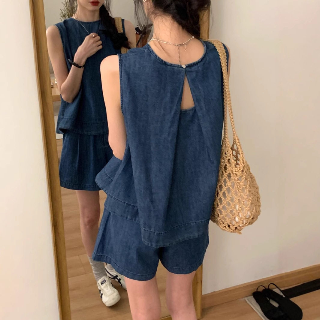 小个子穿搭一整套女夏装新款森系设计感牛仔背心上衣短裤两件
