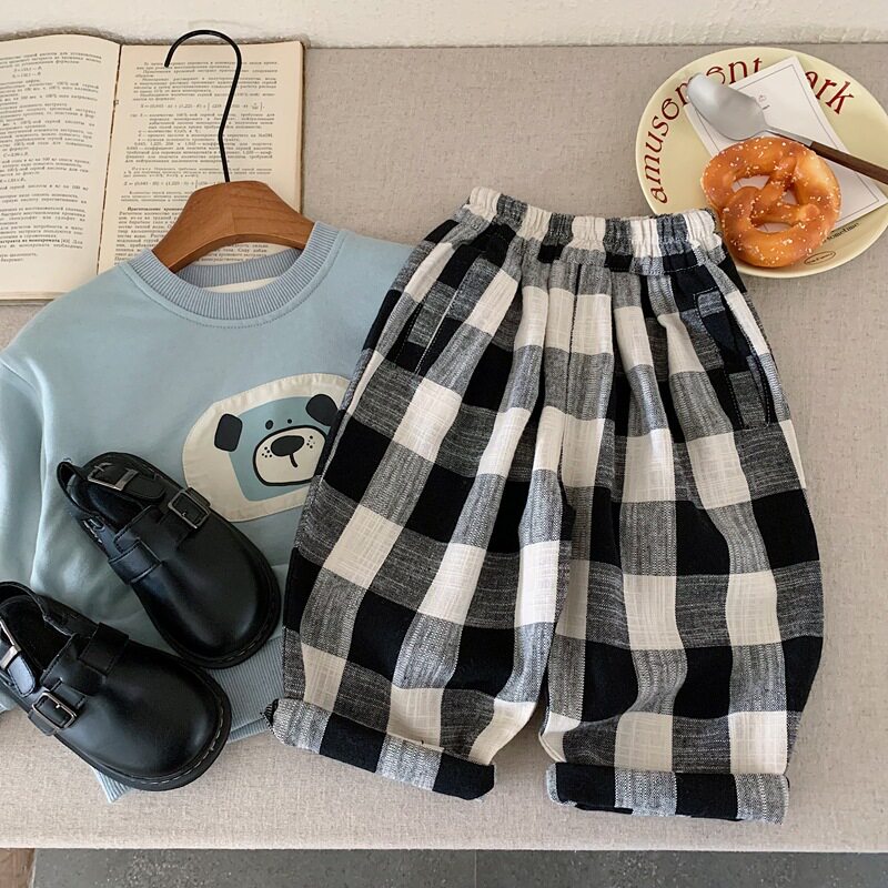 儿童春装裤子男童格子休闲裤2025新款春秋款小男孩春季宽松长裤潮