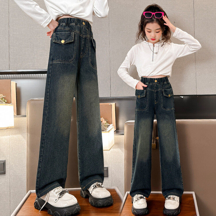 女童阔腿裤牛仔裤子2025秋冬新款复古直筒高腰儿童阔腿裤洋气大童