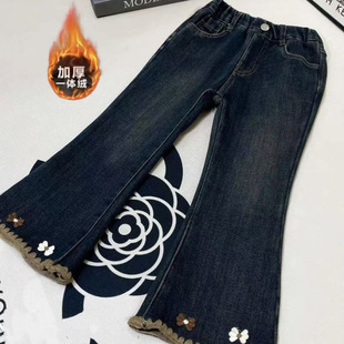 女童加绒加厚牛仔喇叭裤秋冬季2025新款洋气大儿童一体绒裤子外穿