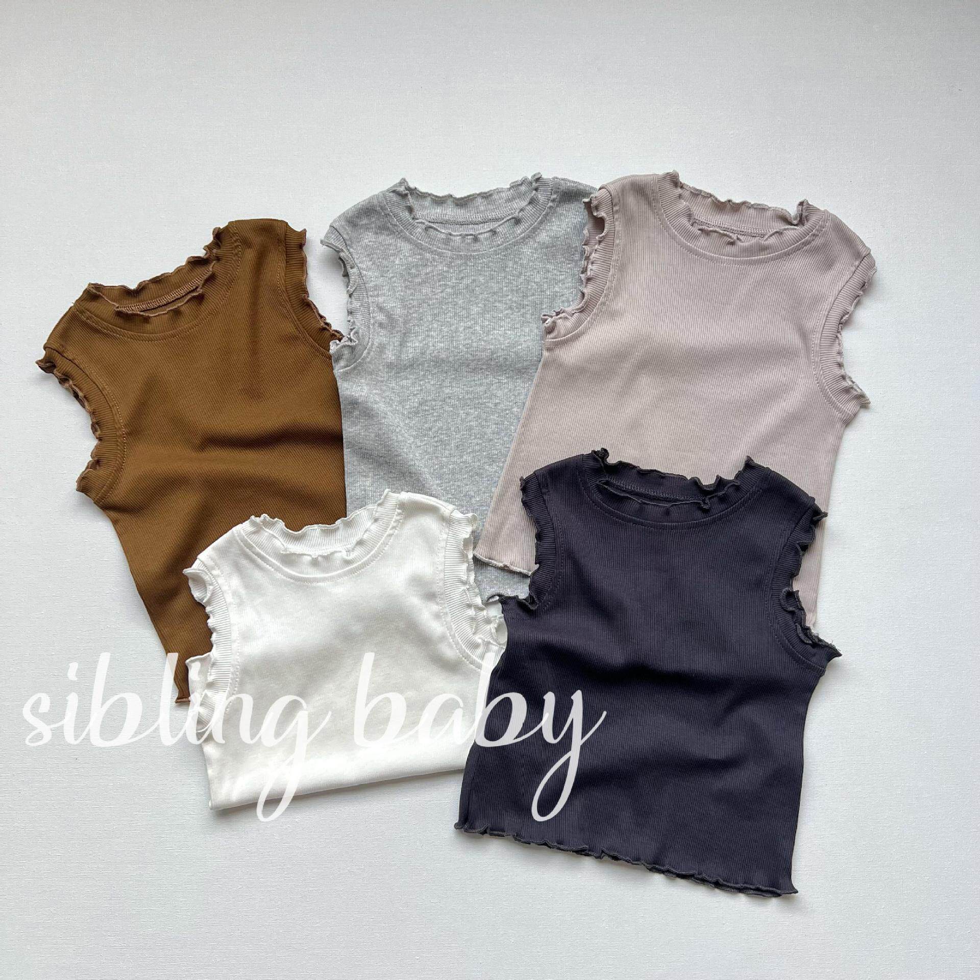 夏季木耳边女童背心吊带高弹螺纹儿童背心无袖内搭纯色百搭棉质