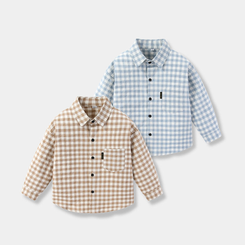 纯棉儿童衬衣格子春秋男童衬衫长袖女童上衣内穿翻领亲肤百搭