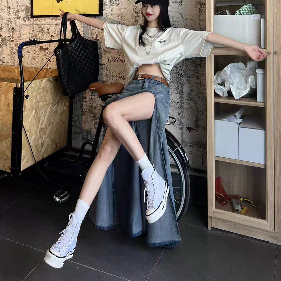 美式辣妹开叉牛仔半身裙2025秋季新款小众设计感过膝不规则长裙子