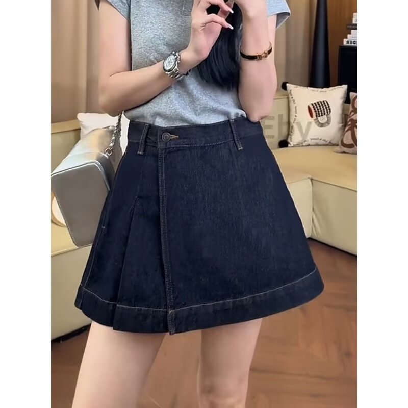 大码高腰不规则牛仔裙胖mm显瘦半身裙设计感黑色短裙a字阔腿裙裤