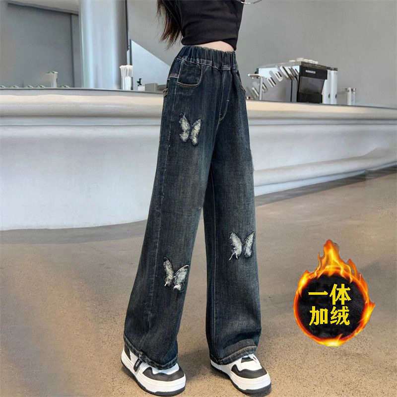 女童加绒牛仔阔腿裤2025新款高腰宽松冬季韩版百搭长裤