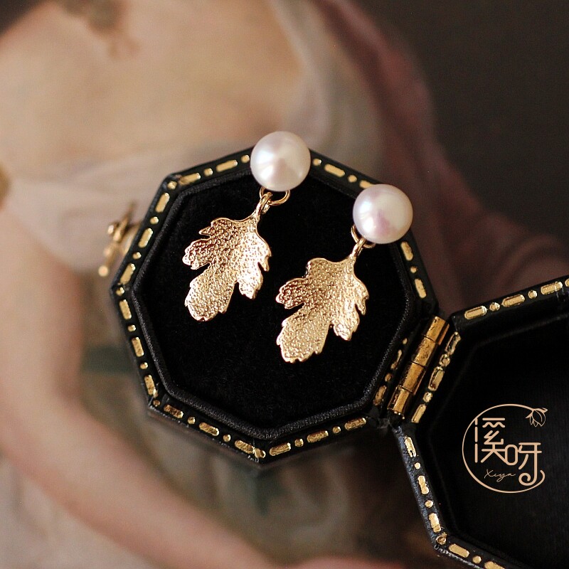 复古叶子耳钉美国14K包金后挂式淡水珍珠耳环小巧质感vintage耳饰