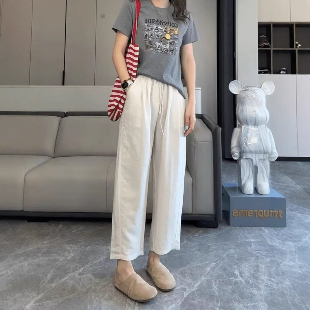 亚麻九分阔腿裤女夏季薄款2025大码冰丝棉麻小个子八分休闲直