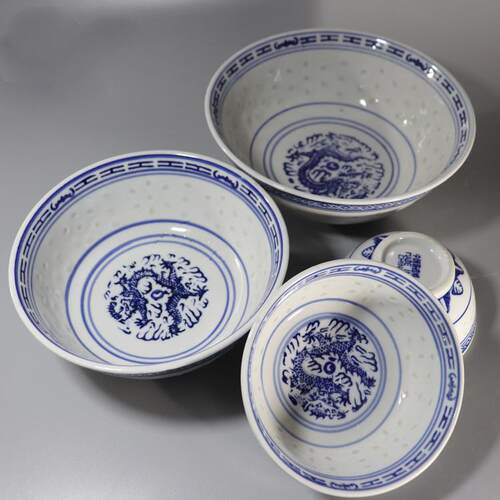 陶瓷中式青花玲珑瓷碗盘釉下彩碗