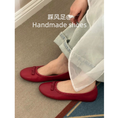 超软小羊皮蝴蝶结平底芭蕾鞋女