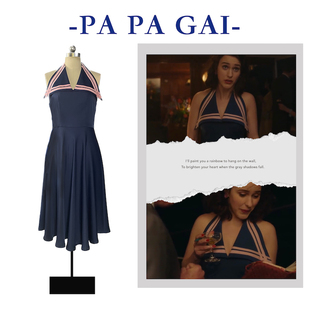 第五季了不起的麦瑟尔夫人同款V领性感藏青色挂脖显瘦连衣裙