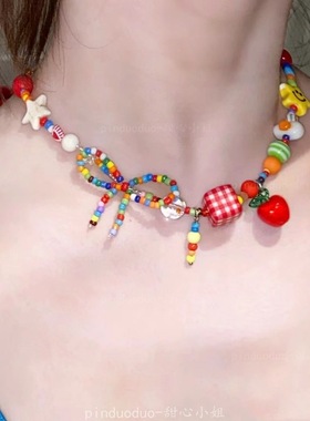 「苹果乐园」多巴胺彩色苹果星星串珠项链2025新款轻奢夏日锁骨链