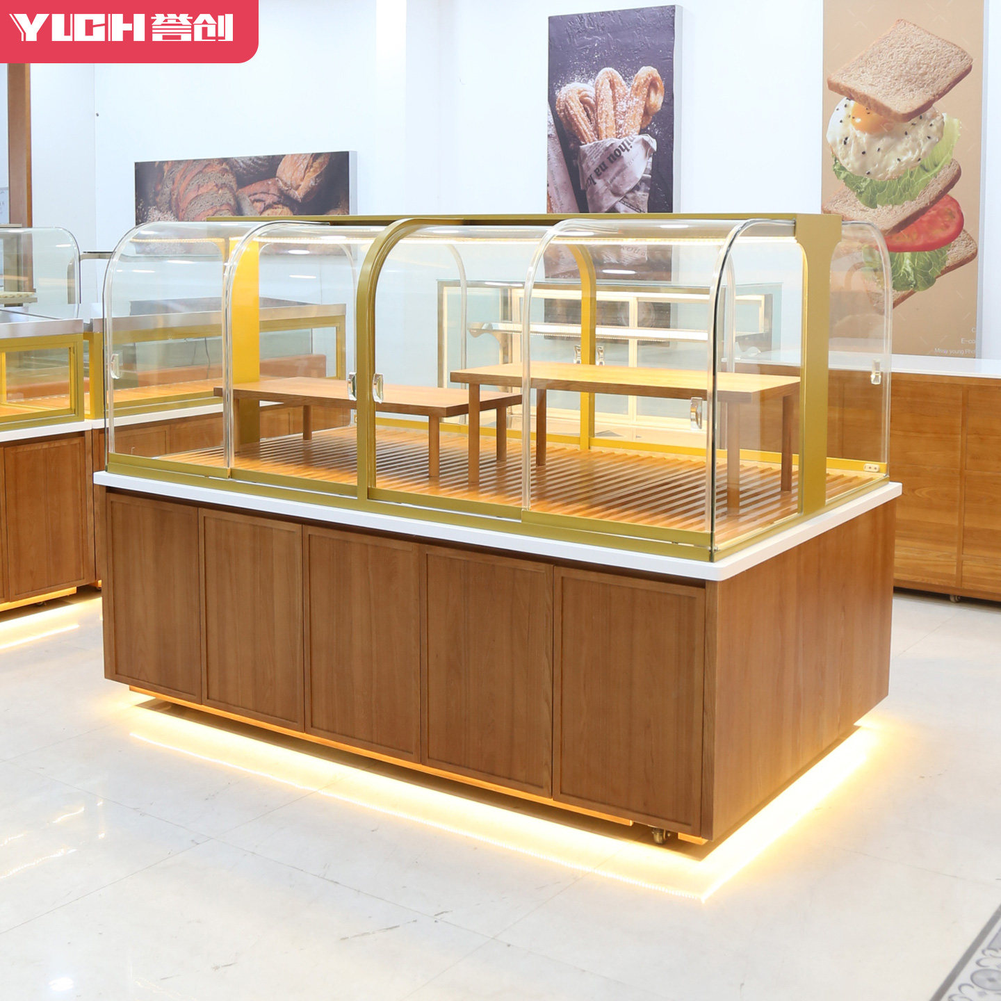 新款日式面包展示柜弧形中岛柜边柜蛋糕店面包架面包展架玻璃商用