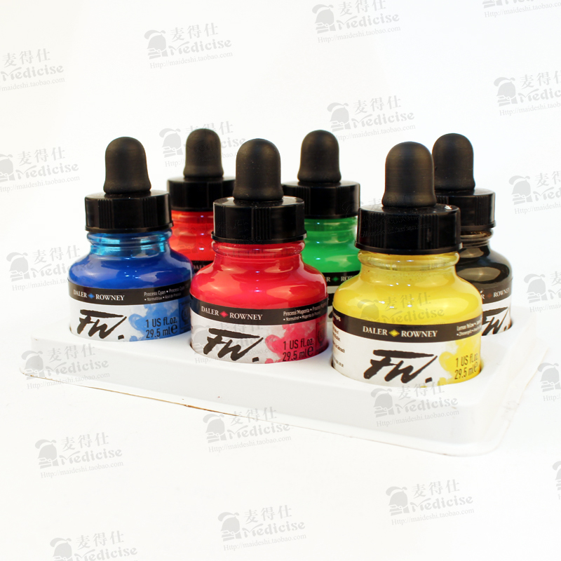 包邮进口乔琴液体丙烯墨水FW INK设计用透明水色 流体画用6色套装