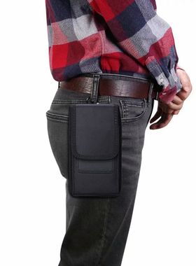 横款黑色双层穿皮带挂腰手机包腰套牛津布男士腰间夹裤带插卡皮套
