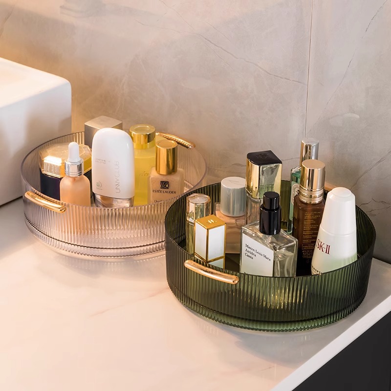 旋转轻奢化妆品收纳盒桌面透明盒子梳妆台护肤品圆形洗漱台置物架