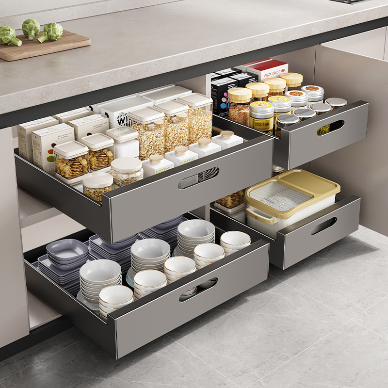 橱柜内抽屉置物架厨房收纳拉篮分层调料碗碟盘下水槽抽拉式储物盒