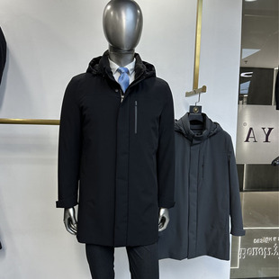 鹅绒内胆脱卸加厚男士羽绒服加长连帽脱卸户外休闲风格科技防风料