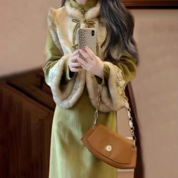 加绒加厚中国风气质旗袍连衣裙女装2025秋冬新款马甲新中式套装裙